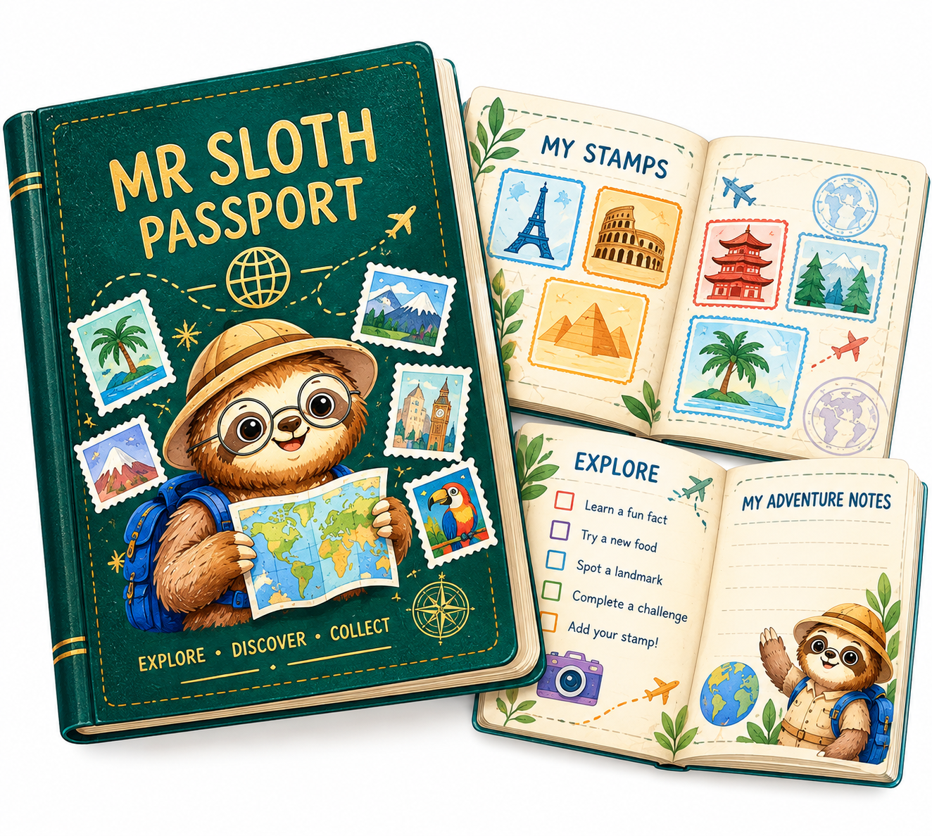 Mr Sloth Adventure Passport with travel stamps and activity pages